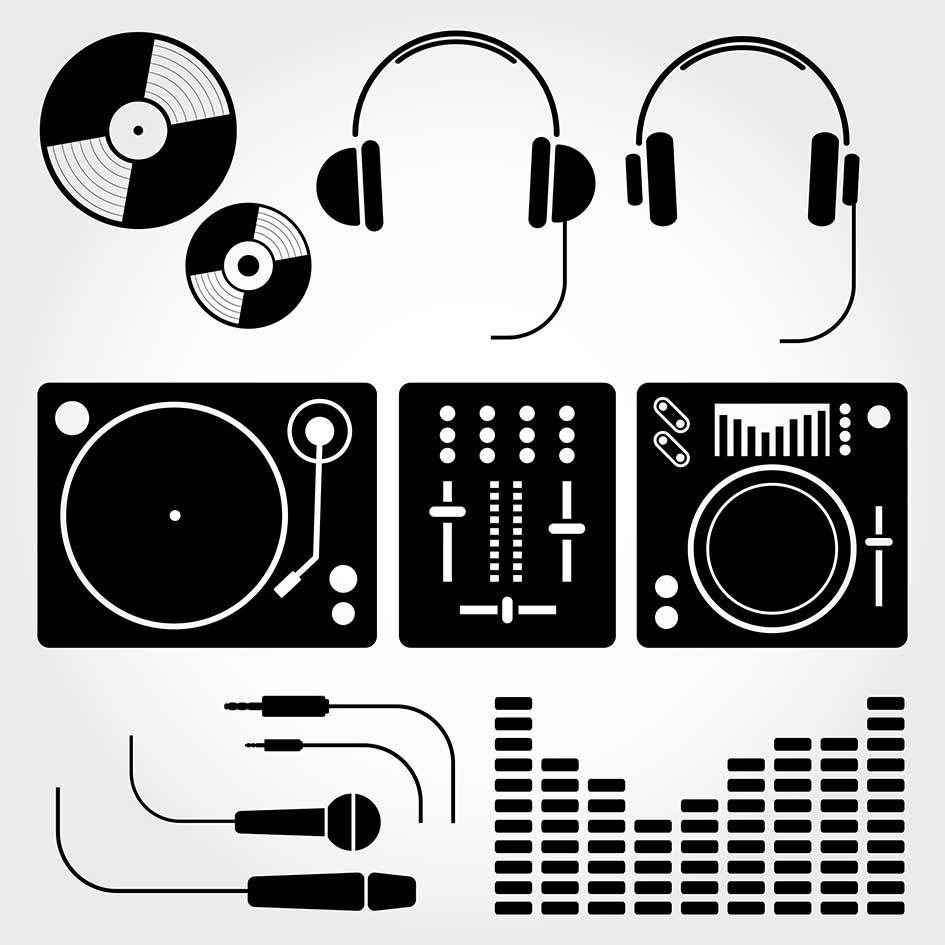 DJ Turntables im schwarz-weißen Comic-Stil