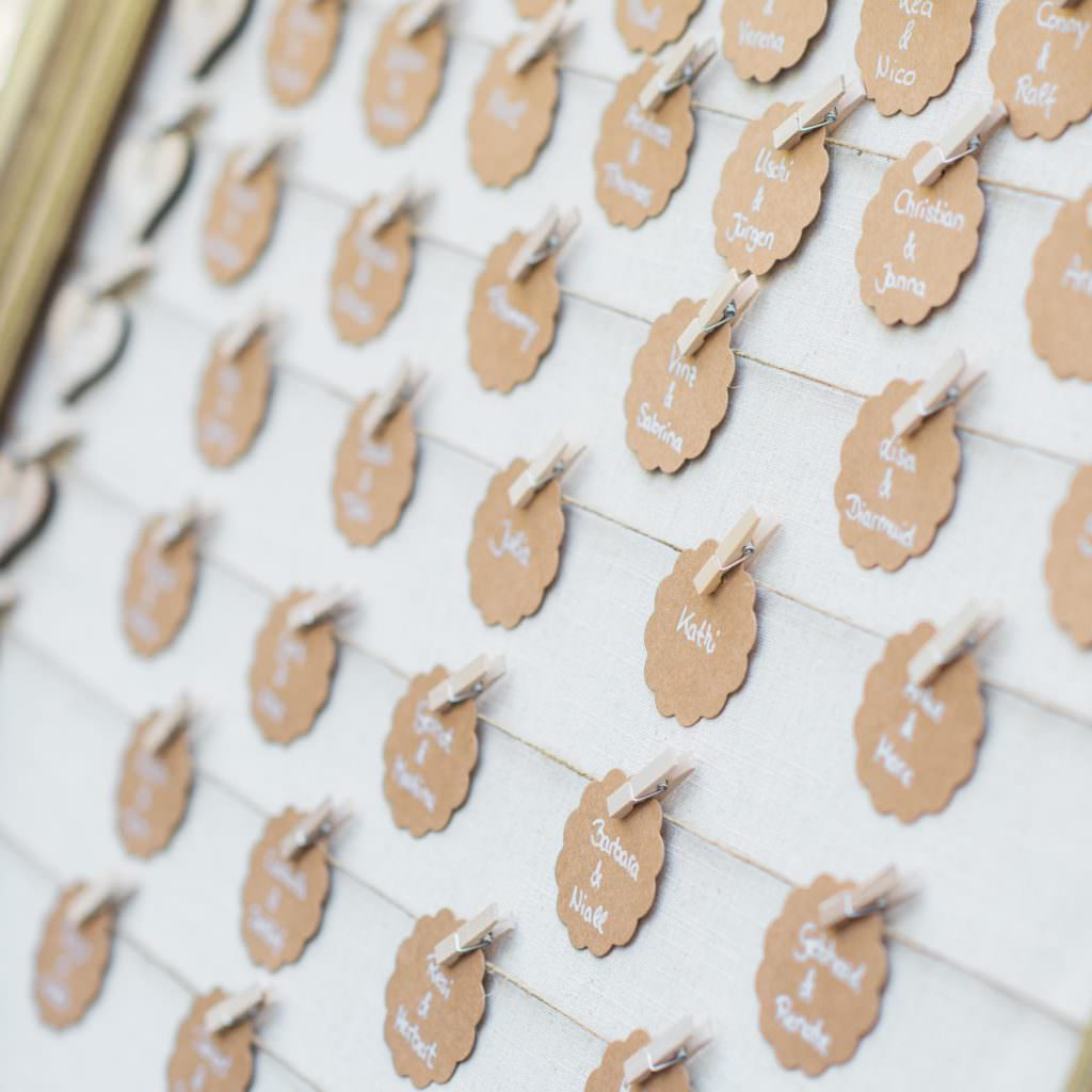 Rustikaler DIY Tischplan bei einer Hochzeit in der Auermühle