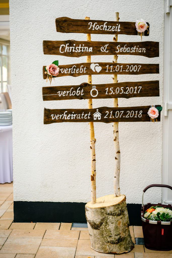 Hochzeitsdeko mit rustikalem Holz Wegweiser