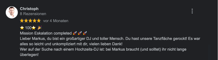 Eine sehr positive Bewertung des Hochzeits-DJ Markus Rosenbaum vom Hochzeitspaar.